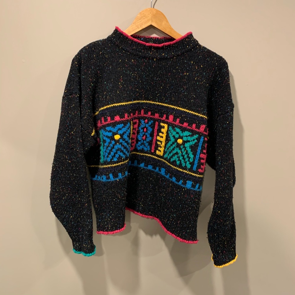 Vintage Black Knit Cowl Sweater with Multicolor Geometric Panel